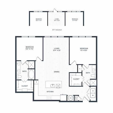 Floor plan for 2 beds, 2 baths, 1255 sqft
